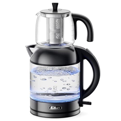 Feller Germany TS289 2-in-1 Tea Maker, 2L German Schott Glass Kettle + 1L Teapot, 2200W Strix Control, Keep Warm, BPA Free, Stainless Steel Filter (Platinum)