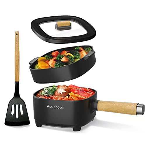 Audecook Electric Frying Pan, 2L Upgraded Cermic Non-Stick Coating Frying pan, Electric Ramen Cooker for Steak, Egg, Fried Rice, Oatmeal, Soup. Terminal Dual Power Controllable (A(Black/with Steamer))