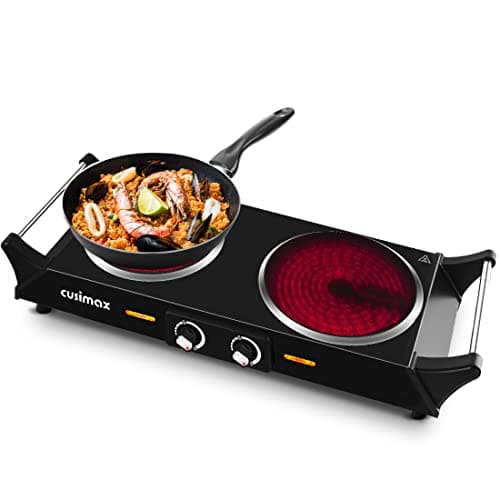 CUSIMAX Electric Stove Double Hot Plate 1200W+900W Infrared Ceramic Plate for Cooking, Dual Temperature Control Cooktop Burner with Portable Anti-scald handles
