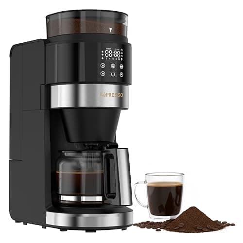 LePresso Coffee Maker with Built-in Burr Grinder, 1.35L Water Tank, Reusable Filter & Warming Plate, Drip Coffee Machine for Fresh Ground Coffee, Digital Control Panel, Brushed Stainless Steel