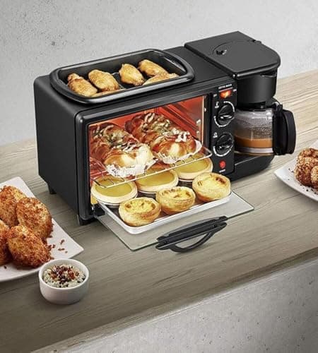 3-in-1 Electric Breakfast Maker – Multi-Functional Toaster Oven with Coffee Maker, Non-Stick Griddle & Oven Tray – Compact All-in-One Breakfast Station