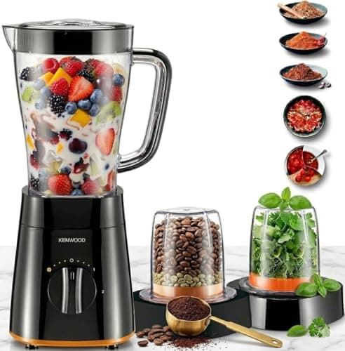 KENWOOD 500W Smoothie Blender 1.5L with Grinder Mill & Chopper Mill – Ice Crush Function, Multi-Purpose Smoothie Maker, Durable Blades, High Performance, Easy Cleaning, Model BLP19.360BK, Black