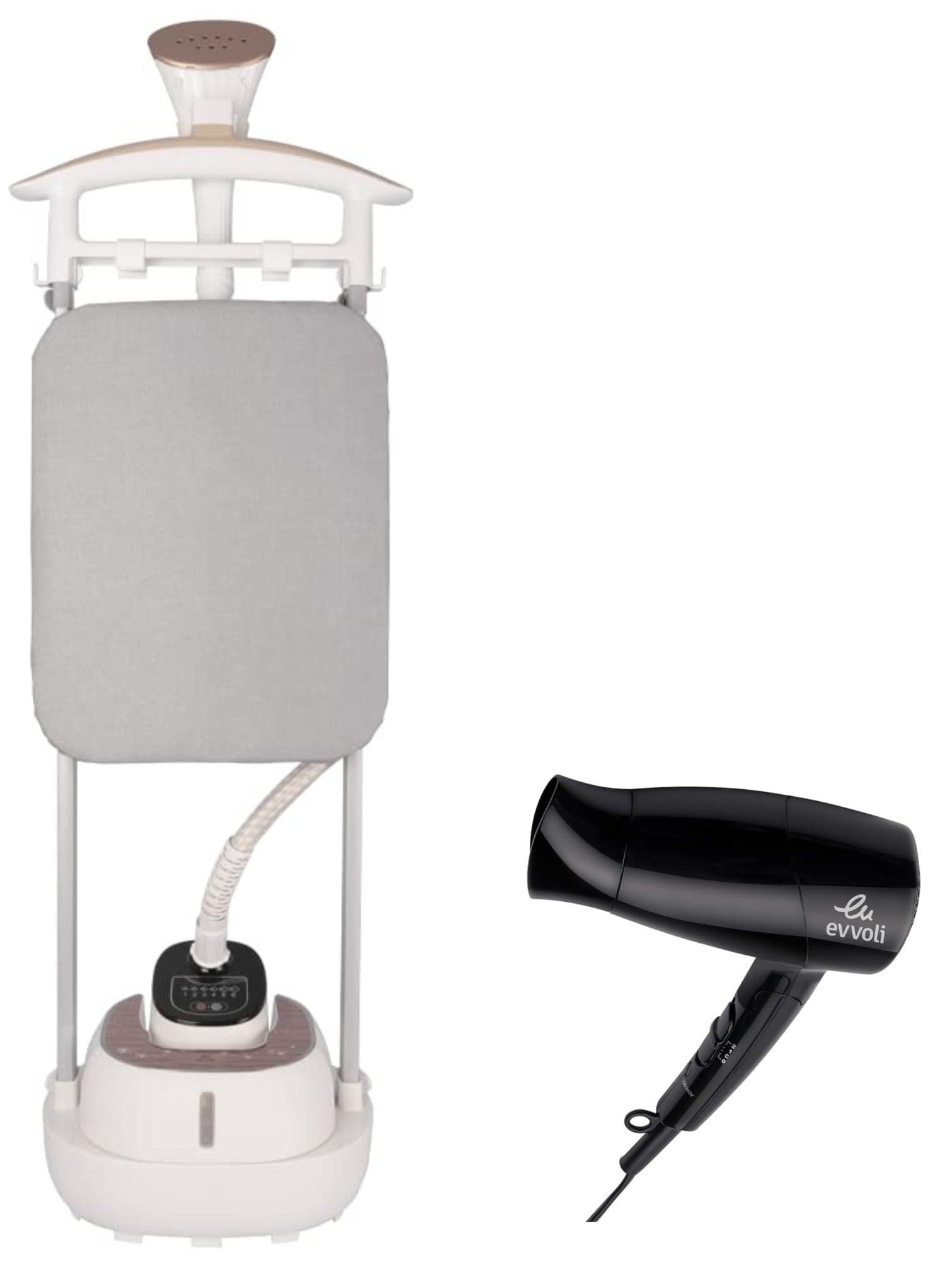 Evvoli Garment Steamer 2000w Stainless Steel Soleplate And 6 Steam Level And Hair Dryer 1500w Foldable Handle Bundle 2 L 2000 W Evir Gs2000g Evhc Hd1500b White black