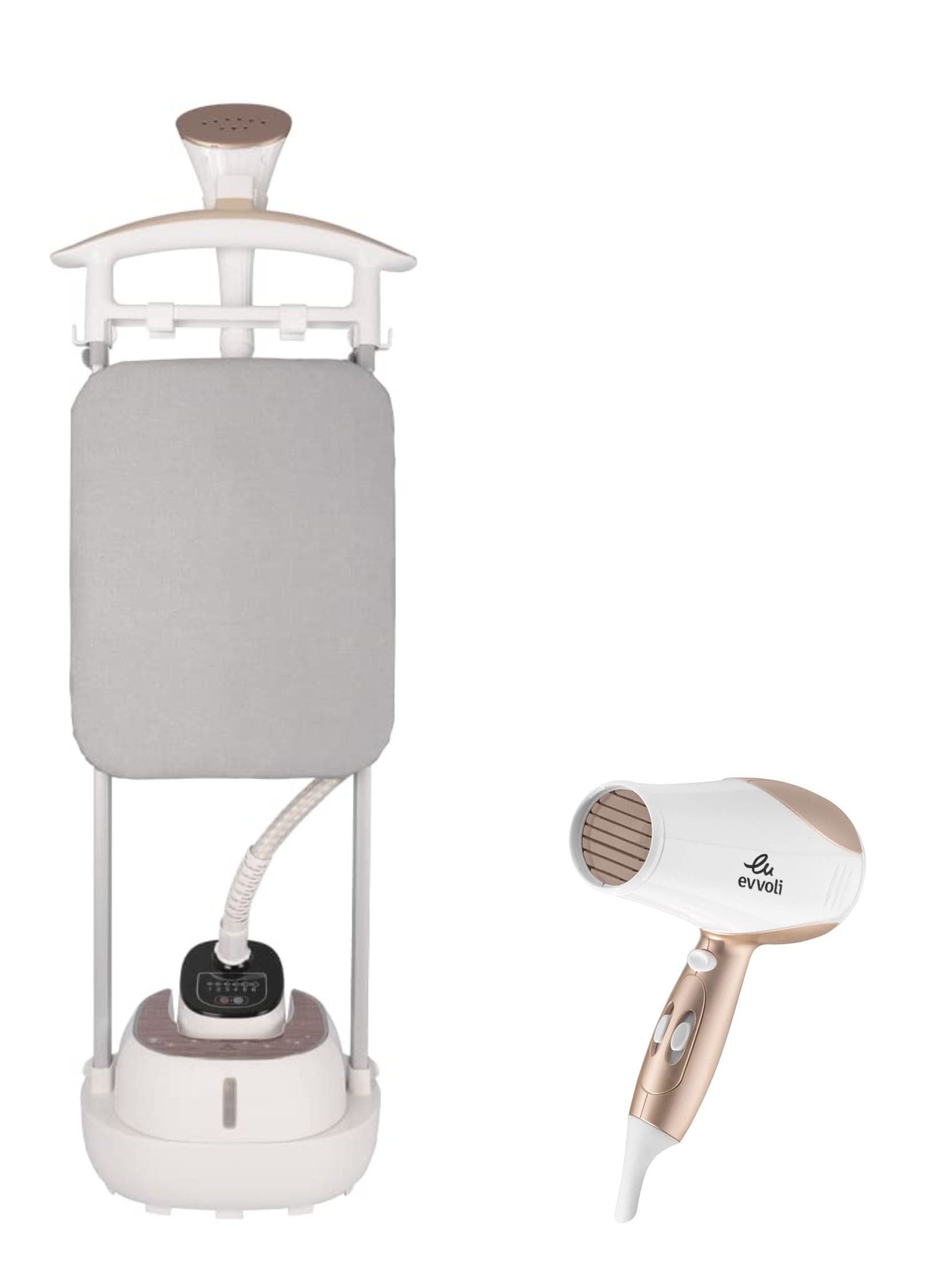 Evvoli Garment Steamer 2000w Stainless Steel Soleplate And 6 Steam Level And Hair Dryer 2200w Ionic Cool Shot Bundle 2 L 2200 W Evir Gs2000g Evhc Hd2200w White