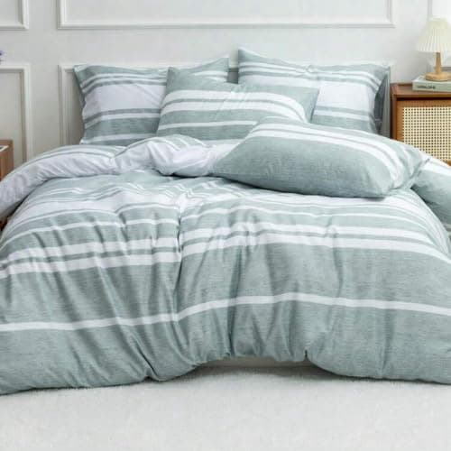 LUNAHOME King Size 6-Piece Green Stripe Design Bedding Set - Ultra-Soft Microfiber, Includes Fitted Sheet and 4 Pillowcases