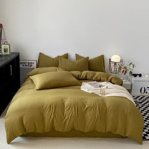LUNAHOME Queen size 6 pieces bedding set, Washable Cotton (Khaki)