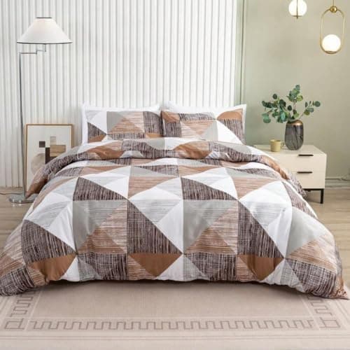 LUNAHOME King Size 6-Piece Bedding Set - Simply Geometric Print in Brown and Grey, Includes Fitted Sheet and 4 Pillowcases