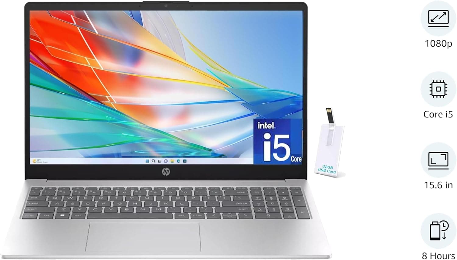 HP 15.6" Laptop, 13th Gen Intel Core i5-1335U, 16GB RAM, 512GB SSD, FHD Anti-Glare Display, Webcam, Numeric Keypad, Wi-Fi, Bluetooth, HDMI, 32GB USB Card, Windows 11 – Silver (US Version) 16GB RAM | 512GB SSD