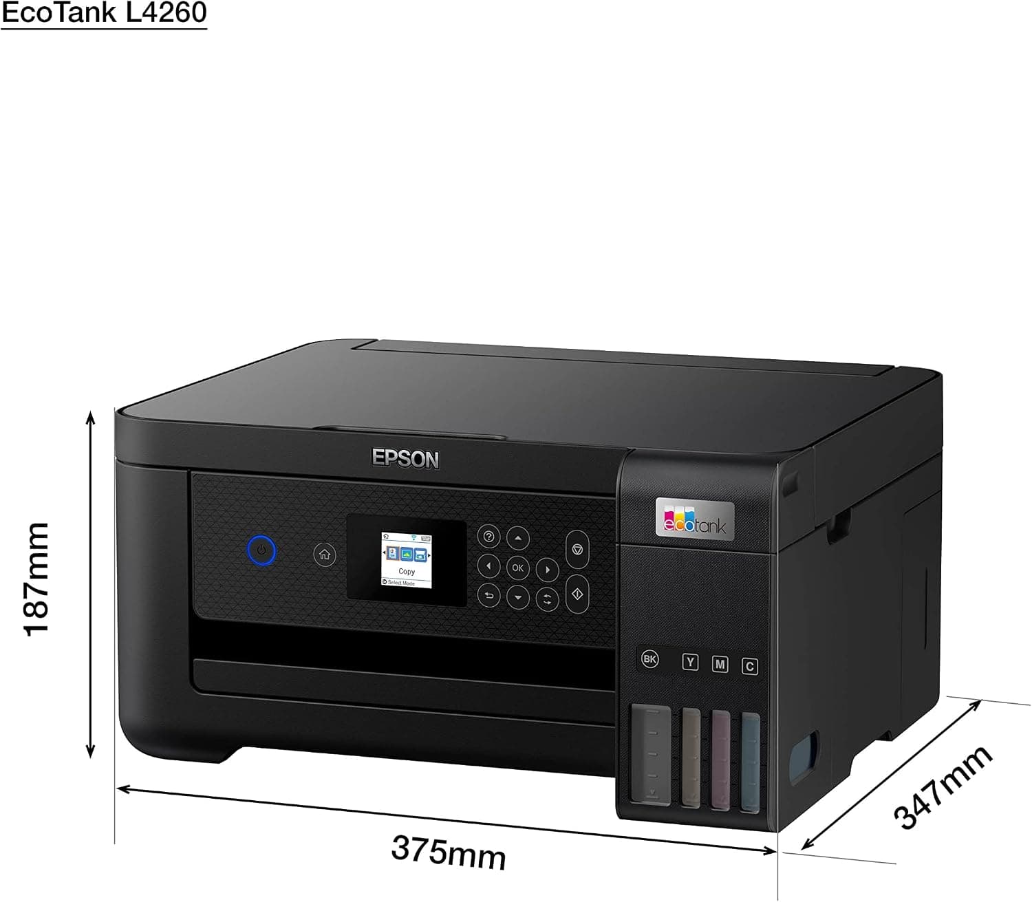 Epson EcoTank L4260 Home ink tank printer Double sided A4 colour 3 in 1 printer with Wi Fi Direct, Smart Panel Connectivity and LCD screen, Black, Compact
