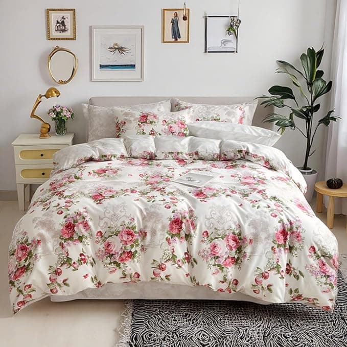LUNAHOME King size 6-piece duvet cover set with Burgundy roses, reversible style.