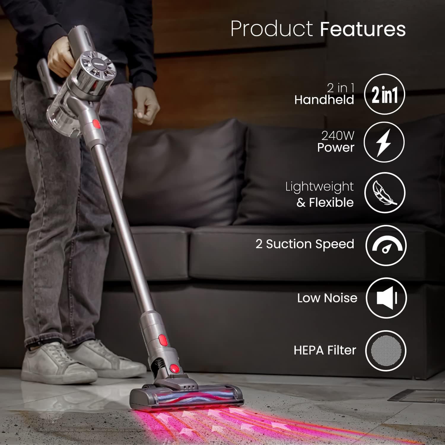 Geepas 2 In 1 Cordless Upright Handheld Stick Vacuum Cleaner Rechargeable Powerful 22 2v Lithium Battery Led Brush For Hard Floor Carpet Home Lightweight Compact Hepa Filtration