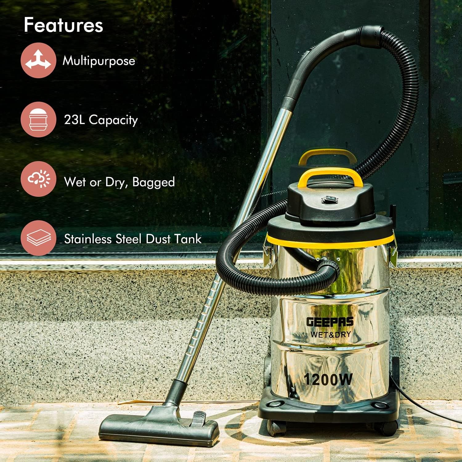 Geepas 1200w 2 In 1 Blow And Wet Dry Vacuum Cleaner Powerful Copper Motor 23l Capacity Stainless Steel Drum Tank Dust Full Indicator 2 Year Warranty
