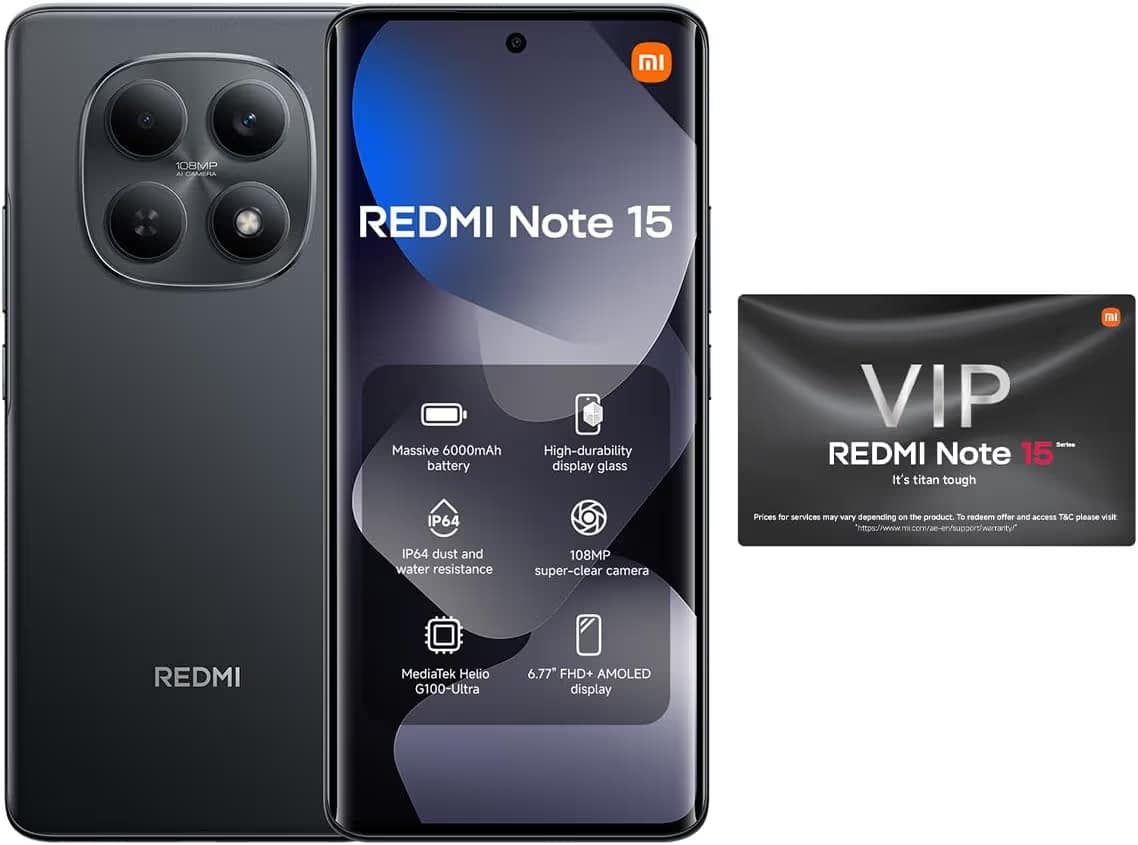 Redmi Note 15 Smartphone (8GB RAM, 256GB Storage) – 6000mAh Battery, 108MP Camera, 6.77" FHD+ Display, IP64 Water & Dust Resistant, Black – UAE Warranty REDMI Note 15 8+256 GB Black