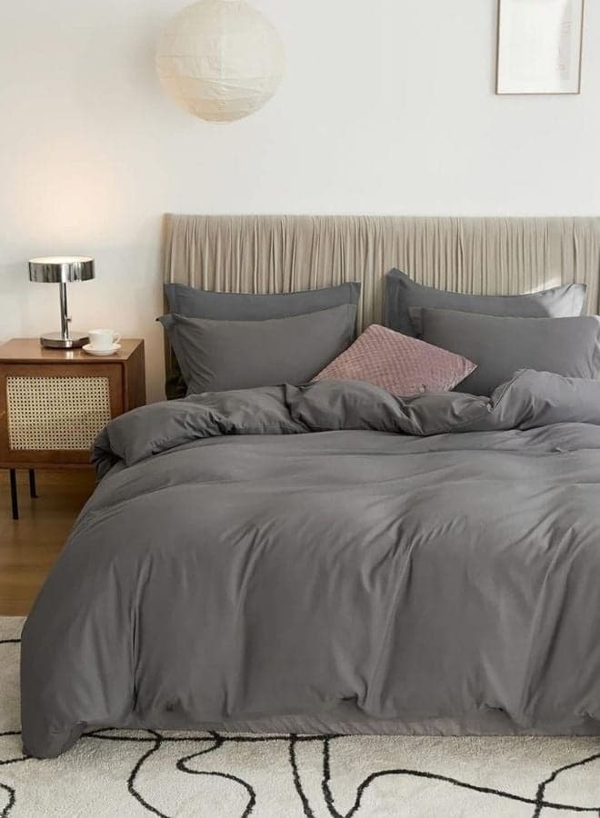 Queen Size 6 Pieces Bedding Set, Washable Cotton Dark Gray.