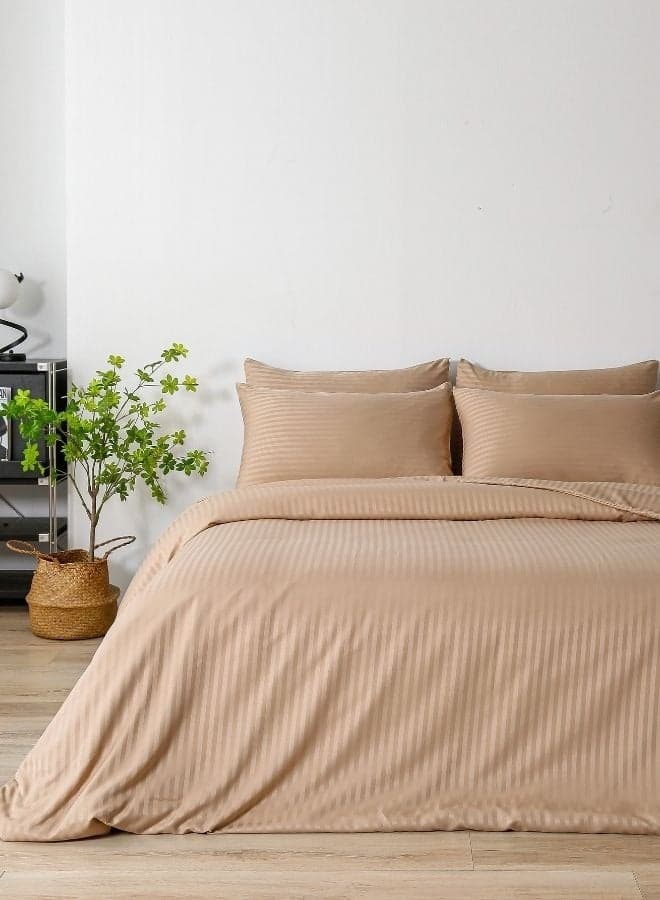 LUNA Home-Premium King Size 6 Pieces Bedding Set Without Filler Solid Golden Brown Satin Stripe Design
