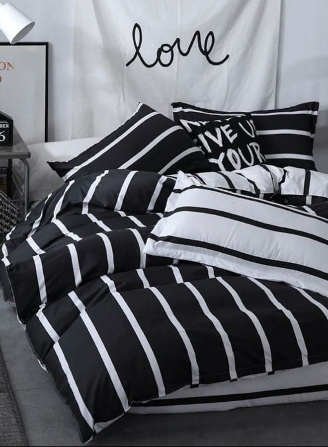 LUNA Home-6 Piece Striped Queen Size Duvet Cover Set. Black and White Reversible Bedding Set.