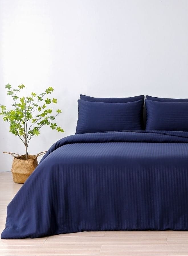 Luxury King Size 6Piece Bedding Set Without Filling Dark Blue Satin Striped Design