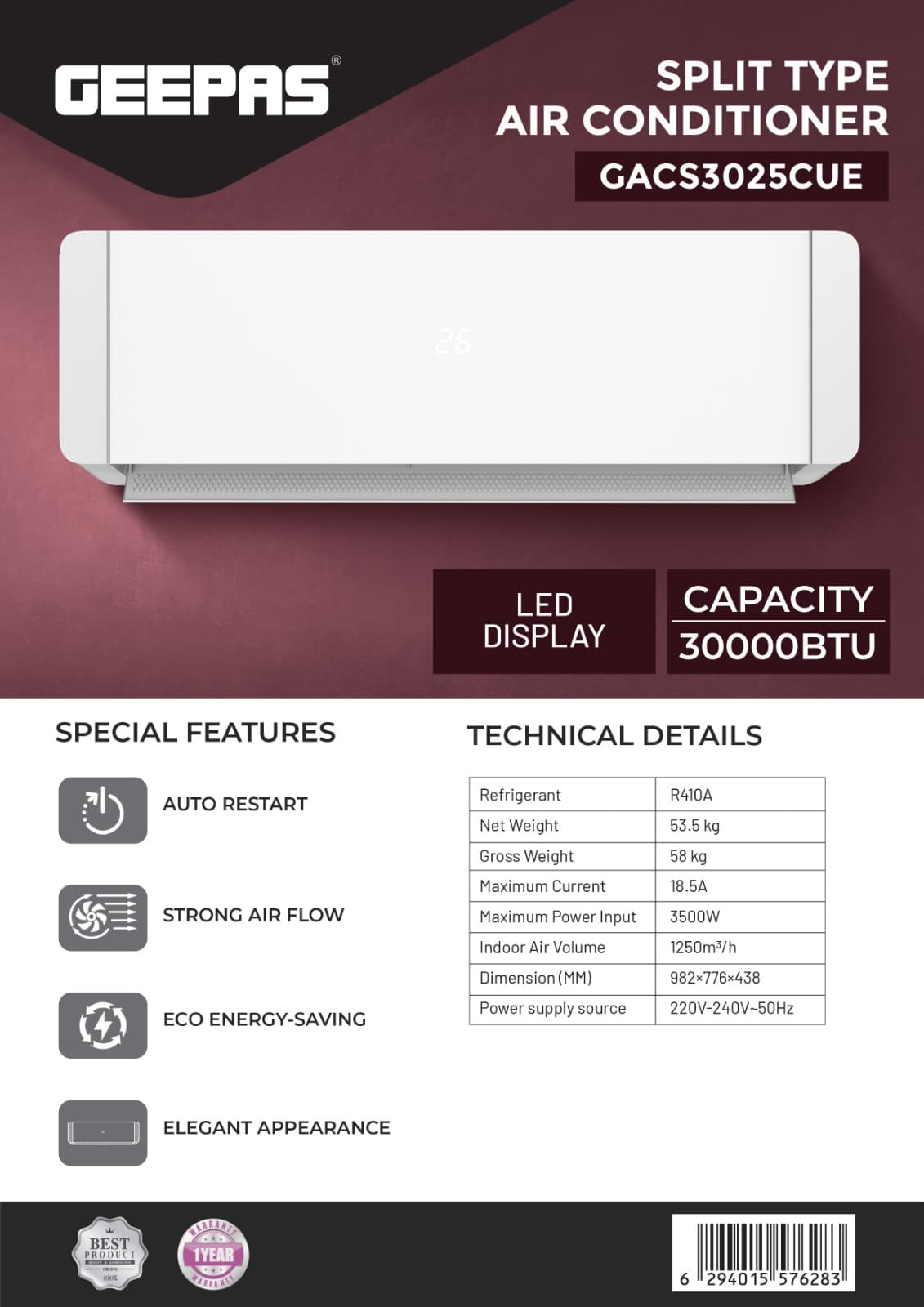 Geepas Split Air Conditioner, Turbo Function, 2.5 Ton GACS3025CUE