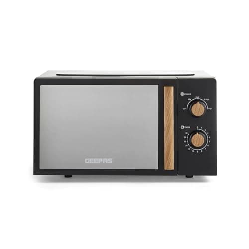 Geepas 20L Microwave Oven – GMO34062UK-BK | NordiQ Collection | Mirrored Glass Door, Wooden Handle, 5 Power Levels, 700W Output