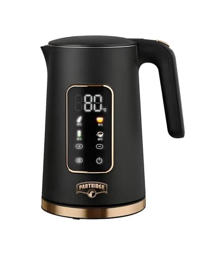 Partridge Electric Kettle, 1.7L Digital Display, Touch Control with 4 Temperature Settings, Double Wall Stainless Steel, 2200W, Black With Gold Base, Tea Kettle, Water Boiler, Coffe Kettle.