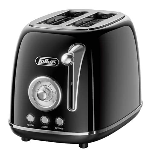 Feller Germany, Retro Style 2-Slice Toaster, 815 W, Steel Body, Steel Dust Cover & Bun Warmer,Defrost, Reheat & Cancel Function,Removable Crumb Tray, TO290, 2Y Guarantee, UAE Version (Glossy Black)