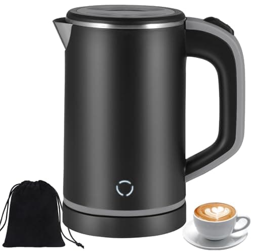 Oasisgalore Small Electric Kettle for Boiling Water, 0.8L Portable Mini 304 Stainless Steel Hot Water Boiler Heater with Auto Shut-Off for Camping Travel Office (Black)