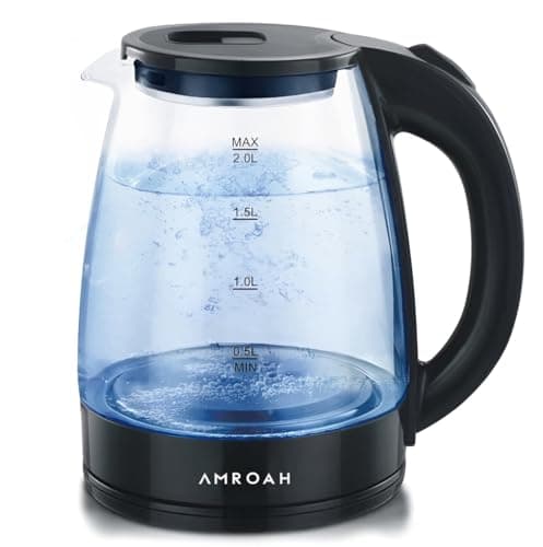 2L Electric Glass Tea Kettle, 1500W Fast Boil, Blue LED Light, 360° Cordless Base, Stainless Steel & Borosilicate, Large Capacity with Water Level Gauge