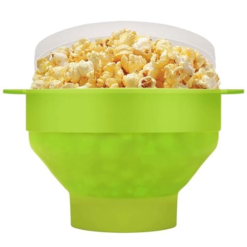 Silicone Popcorn Bowl with Handle & Lid, Big Size Collapsible Bowl BPA Free Dishwasher Safe Red High Temperature Resistance for Popcorn Maker مكرويف (Green)
