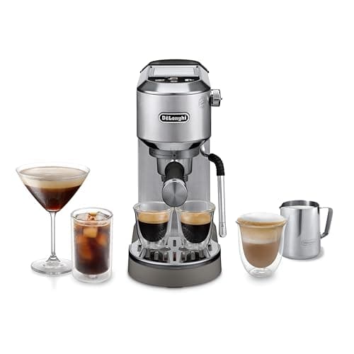 De'Longhi Dedica Duo – Perfetto Compact Manual Espresso Maker with Manual Milk Frother, for Espresso, Cappuccino and Cold Brew, Colour Touch Icons, Width 15 cm, Metal (EC890.M)