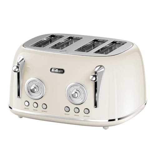 Feller Germany, Retro Style 4-Slice Toaster, 1630 W, Steel Body, 2 Dust Covers & 2 Bun Warmers, Defrost, Reheat, & Cancel Function, 4 Extra wide Bread Slots, Removable Crumb Tray, TO490 (Cream)