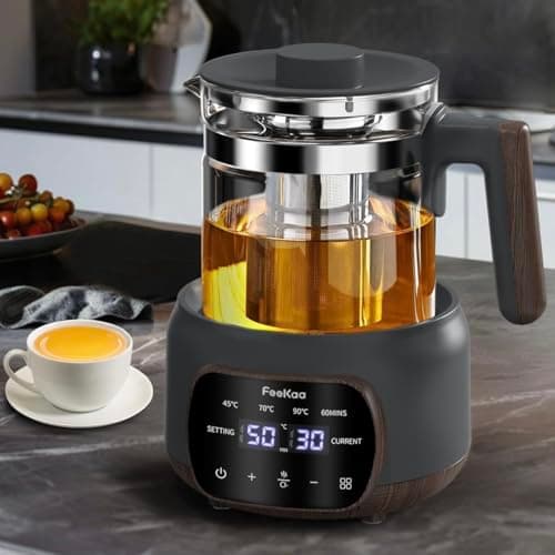 Feekaa Electric Kettle, Glass Kettle Tea Kettle with ±1℃ Temperature Control, 1.3L Capacity, 72H Keep Warm, Removable Infuser, 37℃~95℃ Adjustable, Water Kettle for Tea/Coffee/Milk Powder/Soup, Black