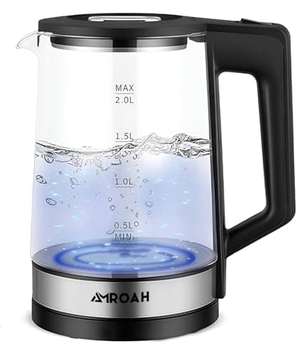 2L Glass Electric Kettle with Blue Indicator Light 1500W, 360° Rotating Base, Stainless Steel & Borosilicate Fast Boiling Capacity Hot Water Boiler Easy Cleaning with Water Level Gauge