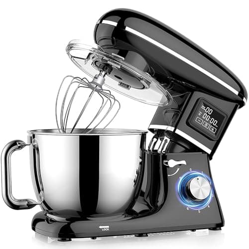 Angju Stand Mixer, 1500W Electric Dough Mixer with 6 Speeds LCD Screen Timing, Tilt-Head Food Mixer with 5.5L Stainless Steel Bowl, Dough Hook, Flat Beater, Whisk, Scraper, Splash-Proof Cover (Black)