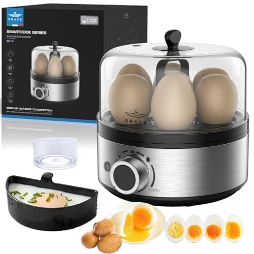 BRAVE Smart Electric Egg Cooker & Boiler | 7 Egg Capacity with 400W Rapid Steam | Precision Timer Dial with "Ding" Alert & Auto Shut Off - Poached Egg Bowl & Measuring Cup with Piercer - Gray (BEC-01)