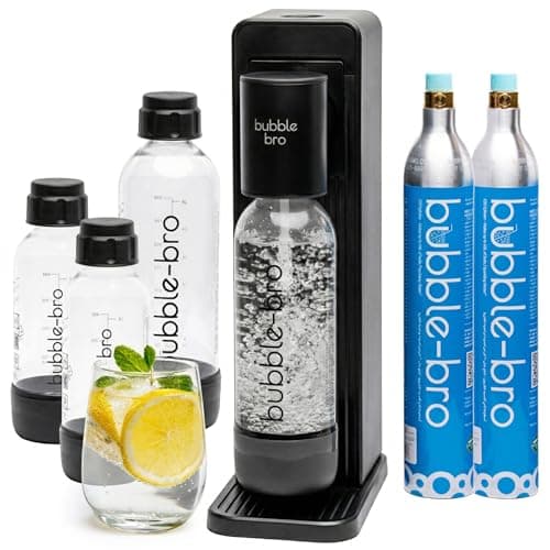 bubblebro Origin Sparkling Water Maker Family Pack - Comes with 2 x 60L CO₂ Cylinders, 1 x additional 1L BPA-Free Bottle with 2 x 500ML BPA-Free Bottles - Easy to Use Soda Maker Machine (Black)