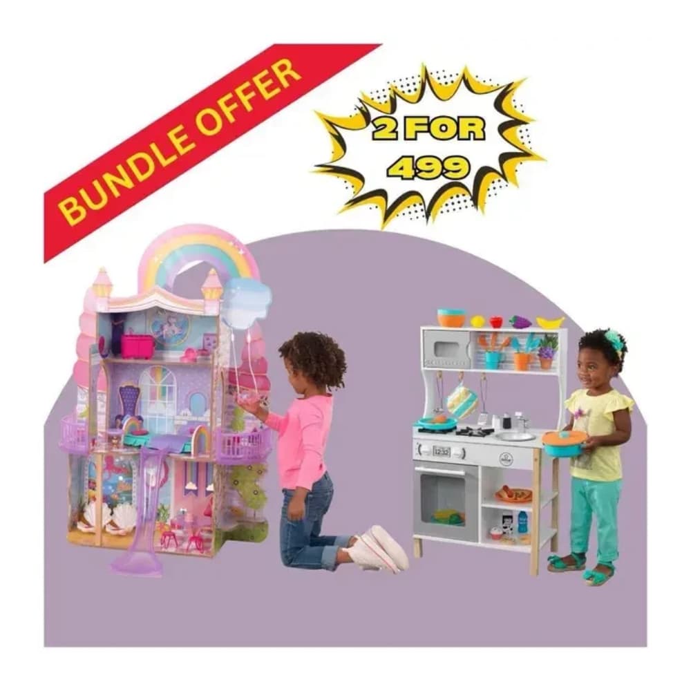 KidKraft Rainbow Dreamers Unicorn Mermaid Dollhouse + Kidkraft All Time Play Kitchen With 38 pcs Accessories