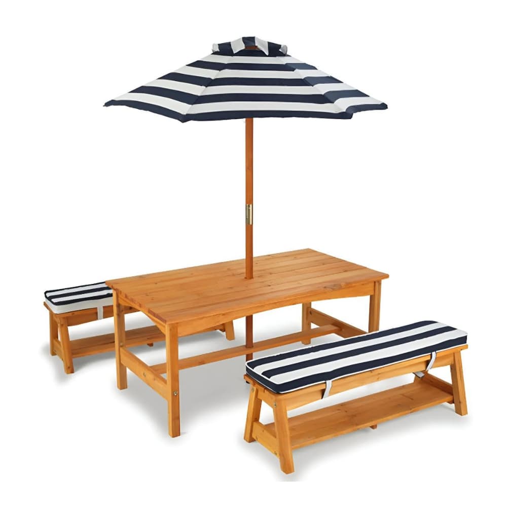 Kidkraft Outdoor Table & Bench Set with Cushions & Umbrella - Navy & White Stripes