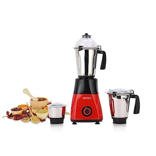 Krypton 3-in-1 Mixer Grinder- KNB6425/ 750W Heavy-Duty Motor with Stainless Steel Jars and Blades/with Overload Protector, 3 Jars, 3 Speed Setting, for Efficiency/White, 2 Years Warranty