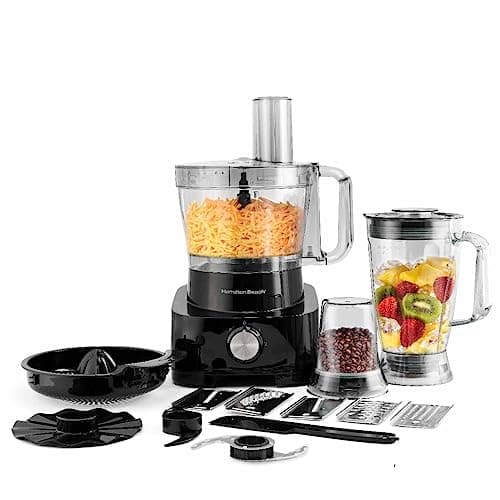 Hamilton Beach Food Processor 1000W, 3.5L bowl and 11 attachments - blender, citrus juicer, grinder mill, chopper and more to knead dough, emulsify, french fry slice and grate, FP1012-ME (Renewed)