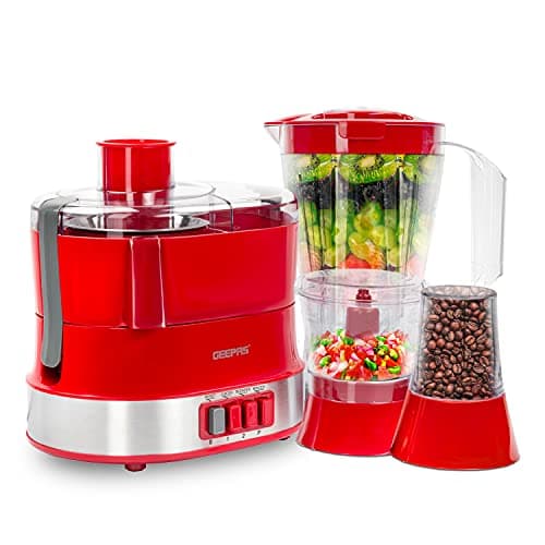 Geepas 4-In-1 Multi-Function Food Processor | Electric Blender Juicer, 2-Speed With Pulse Function & Safety Interlock | 800W |Juicer, Blender, Mixture & Coffee Mill Included- Assorted