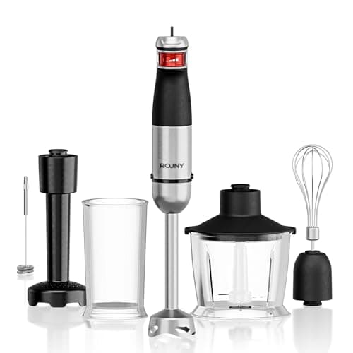 ROUNY Immersion Hand Blenders,6 in 1 Handheld Blender,1500W Brushless Motor,Steel Stick Blender with 12 Speed,Whisk,Beaker,Masher,Milk Frother,Food Processor for Kitchen and Food