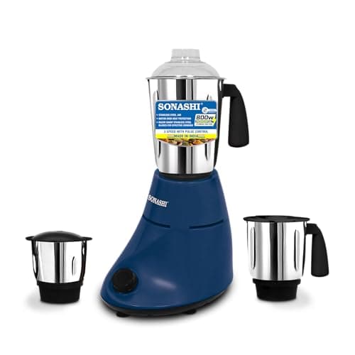 Sonashi 3-in-1 Mixer Grinder with 800W Powerful Motor | 1.0L Liquidizing Jar, 0.8L Dry Grinding Cup & 0.4L Chutney Cup | 3-Speed Control with Pulse Function | SB-190N Blue