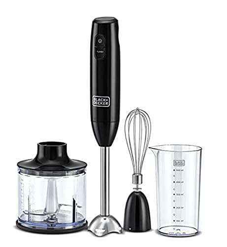 BLACK+DECKER Hand Blender, 600W, 600ml Chopping Bowl, 500ml Beaker, Stainless Steel Blades, Dual Speed, 3-in-1 Functionality, Anti-Slip, Perfect for Blending, Chopping, Whisking, Black - HB600-B5