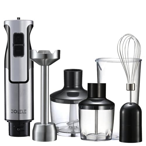 ZOLELE HB1200 4 in 1 Immersion Electric Hand Blender Powerful 4-in-1 Kitchen Appliance for Blending, Chopping, Whisking, and Pureeing with Low Noise 800W Motor, 20 Speeds, 4-in-1 Attachments - White
