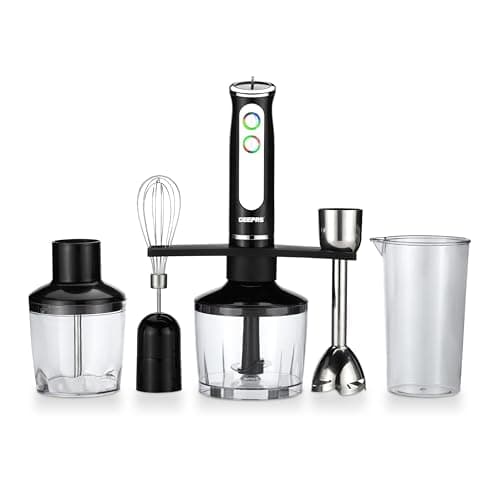 Geepas 5-In-1 Hand Blender | Chopper / Food Processor | Electric Whisk | 8 Variable Speeds, Stainless Steel Blade For Blending The Perfect Smoothies And Grinding Coffee | 600W | 2 Year Warranty