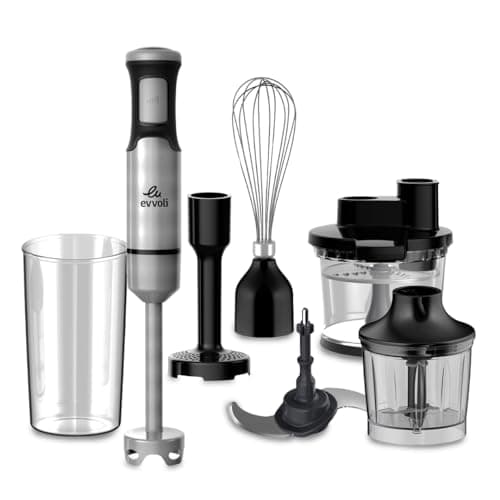 evvoli Hand Blender, 1200W, 6-In-1 Stainless Steel Stem Hand Blender With Food processor 2l, Whisk, Potato Masher, Beaker 600 ml and Chopper 1000 ml, EVKA-HBL6B