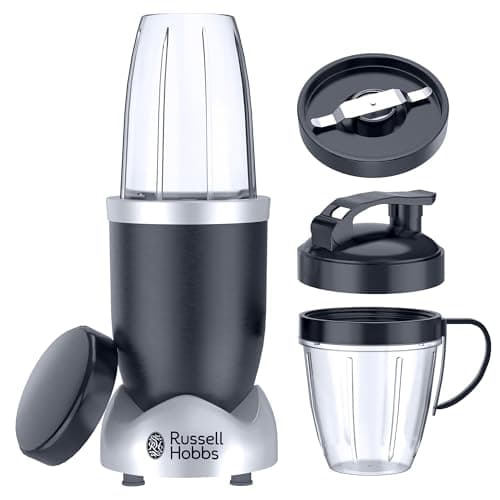 Russell Hobbs 900 Watts, All-in-One Multi-Function High Speed Blender with Nutrient Extraction, One-Touch Blending, 2-Leaf & 6-Leaf Blade, Dishwasher Safe Parts, 2 Cups (0.5L & 1L), Black, NBL02.