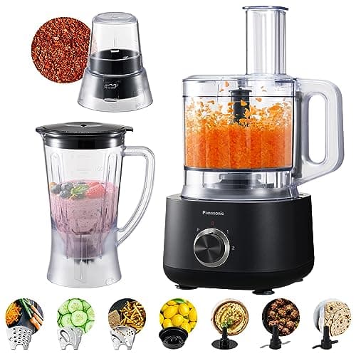 Panasonic Food Processor, with 2.4L Bowl, Blender, Grinder, Knife/Slicing/Shredding/French Fry/Whipping/Whisk & Dough Maker Blade, Compact & Sleek - MK-F510