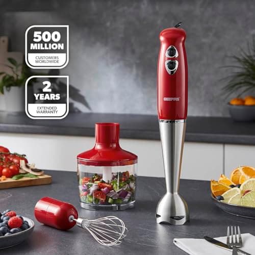 Geepas GHB6136 400W Hand Blender - Stainless Steel Blades with 2 Speed for Baby Food, Soup, Juice | 860ml Chopper Bowl & Electric Egg Whisk - 2 Years Warranty