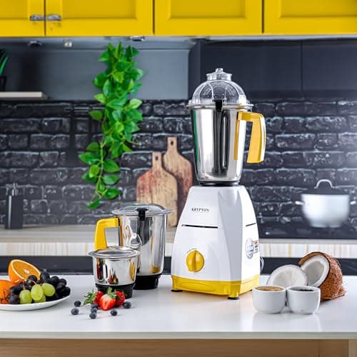 Krypton 3-in-1 Mixer Grinder- KNB6425/ 750W Heavy-Duty Motor with Stainless Steel Jars and Blades/with Overload Protector, 3 Jars, 3 Speed Setting, for Efficiency/White, 2 Years Warranty